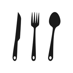 Flat style vector spoon, fork and knife illustration design in black color isolated on white background.