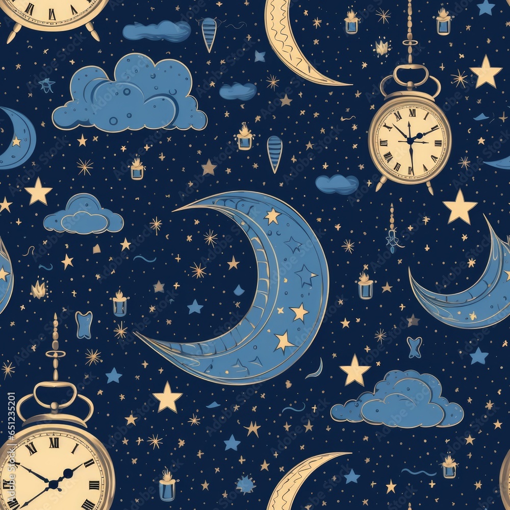 Poster a blue background with clocks and stars. ai image. seamless pattern.