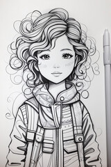 Cute cartoon girl outline for coloring page on a white background