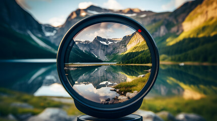 View over a beautiful mountain and lake landscape through the lense of a camera