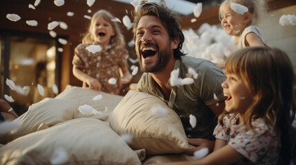 Parents and kids laughing during a pillow fight.