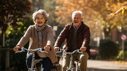 Fototapeta na wymiar Grandparents riding bicycles through a park.