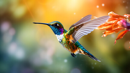 Fototapeta premium Macro shot of a beautiful hummingbird in flight