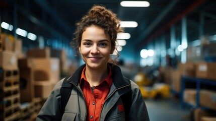 A woman, a warehouse worker in uniform, smiles. Getting a job, jobs, gender equality.