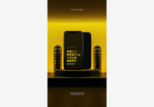 Black Smartphone Front View on Strong Yellow BCG Mockup on Platform Podium