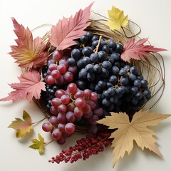 A basket of grapes and leaves on a table. Imaginary illustration.