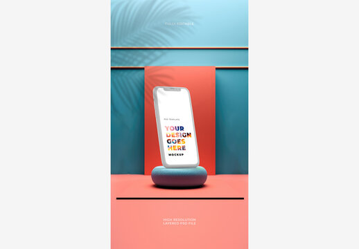 White Smartphone Front View on Colorful Vivid Mockup on Platform Podium