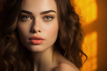 Model with orange makeup apricot crush lipstick and eye shadows