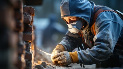 Fototapeta premium a specialist in a suit, protective mask and gloves examines the fragments of a destroyed building. consequences of destruction from an earthquake or explosion. 