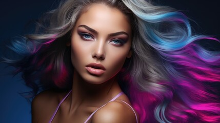 Fototapeta premium Beauty portrait of a supermodel with bright makeup. Beautiful eyes. Bright colored hair.