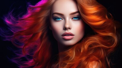 Beauty portrait of a supermodel with bright makeup. Beautiful eyes. Bright colored hair.