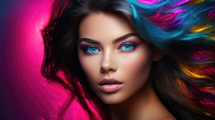 Fototapeta premium Beauty portrait of a supermodel with bright makeup. Beautiful eyes. Bright colored hair.