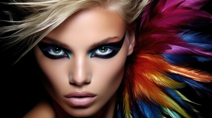 Beauty portrait of a supermodel with bright smokey eye makeup. Beautiful eyes. Feather accessories.