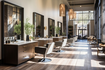 photo of a modern and elegant hair salon, with hairstylists working on clients' hair, reflecting the contemporary style and professionalism of the salon - obrazy, fototapety, plakaty