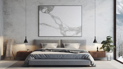 A modern bed, layered with luxurious textiles, is framed by a mockup poster blank frame on a bush hammered marble wall.