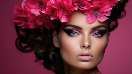 Beauty portrait of a supermodel with bright makeup. Beautiful eyes. Flower accessories.