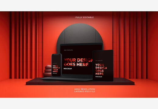 Black Laptop with Smartphone and Tablet Mockups on Black Marble Platform Podium on Red Background
