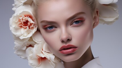 Beauty portrait of a supermodel with bright makeup. Beautiful eyes. Flower accessories.