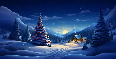Deurstickers Christmas Tree Illuminating a Winter Night in a Snowy Landscape with a Village in the Distance © PetrovMedia