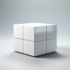 A white cube sitting on top of a table. Imaginary geometric object.