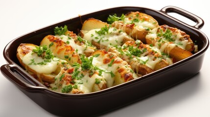 Fototapeta na wymiar A casserole dish filled with potatoes covered in cheese and parsley. Imaginary food photo.