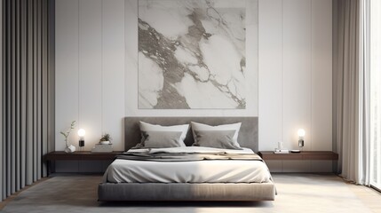 A polished marble wall serves as the backdrop for a mockup poster blank frame above an elegant modern bed.