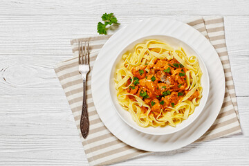 Creamy Paprika Pork Chunks over tagliatelle noodle