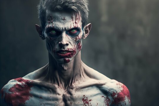 full body a thin young man freshly turned zombie vampire with grey skin fangs covered in red paint horror movie vibes night high detail atmosphere cinematic high definition hyper detail 