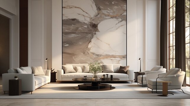 A polished marble wall enhances the timeless design of a luxery living room with a blank poster frame.