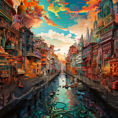 Dessin d'une ville imaginée à l'aube, très colorée et avec canal en son centre dans une ambiance bande dessinée avec beaucoup de détail 