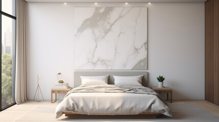 A sawed marble wall adorned with a mockup poster blank frame, hanging above a modern bed in a contemporary bedroom.