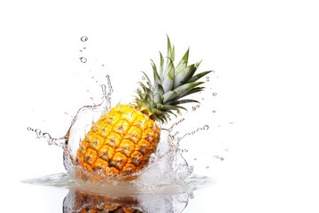 Fresh ripe pineapple fruit in water splash on white backround