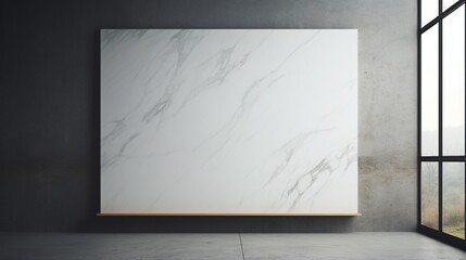 A sawed marble wall provides a striking backdrop for a mockup poster blank frame above a modern wall .