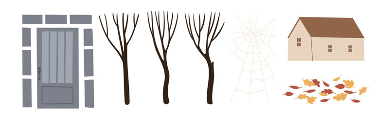 Set of Happy Halloween illustrations, Characters in costume vector clipart, kids witch ghost skeleton pet cat dog pumpkin face bat spider, Flat style images.