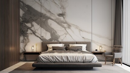 A sawed marble wall serves as a dramatic backdrop for a blank poster frame above a modern bed.