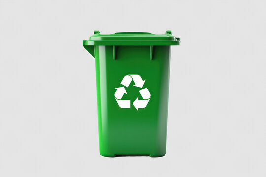 Environment-first: Green plastic recycling bin prominently displayed, advocating eco-consciousness with ample copy space, purely isolated on white backdrop.