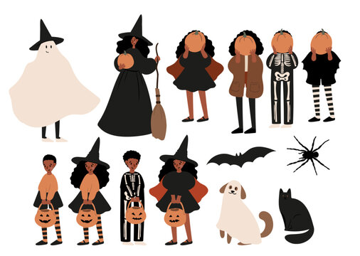 Set of Happy Halloween illustrations, Characters in costume vector clipart, kids witch ghost skeleton pet cat dog pumpkin face bat spider, Flat style images.