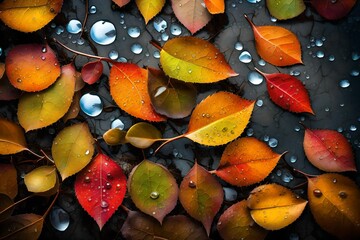autumn leaves with drops of water