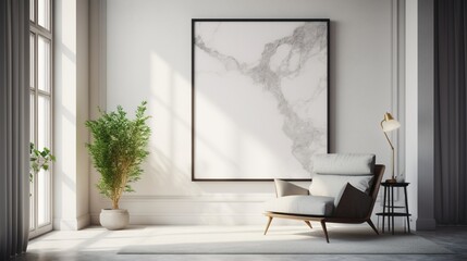 A sawed marble wall serves as the perfect canvas for a blank poster frame above a sleek modern style .