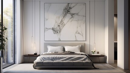 A sawed marble wall serves as the perfect canvas for a blank poster frame above a modern bed.