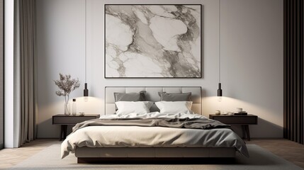 A sawed marble wall serves as the perfect canvas for a blank poster frame above a modern bed.