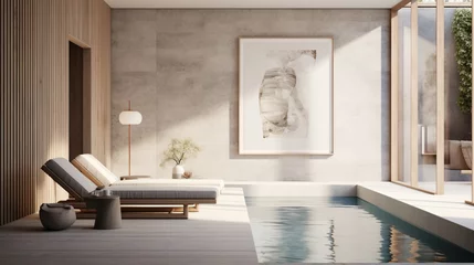 Fotobehang A Scandinavian-inspired modern pool oom features fine honed marble walls and a blank poster frame. © Mehreen