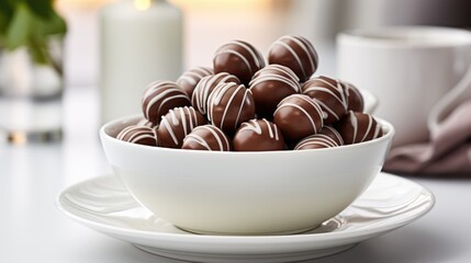 A white bowl filled with chocolate covered balls. Imaginary food photo. - Powered by Adobe