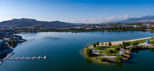 Aerial view of the Sparks Marina park with Mt. Rose and Slide mountain in the background during...