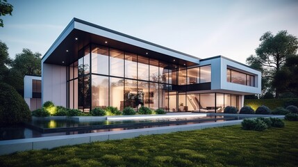 Fototapeta na wymiar minimalistic modern house with a lot of glass, Generative AI