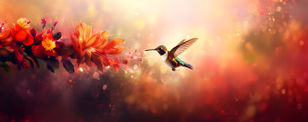 a hummingbird in flight over a a red and yellow flower. - obrazy, fototapety, plakaty