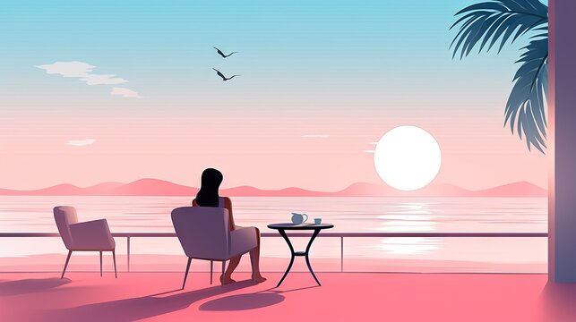  A Woman Sitting At A Table Looking Out At The Ocean.  Generative Ai