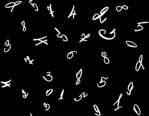 Seamless pattern of calligraphic numbers drawn in white chalk from 0 to 9 on a black board. Vector.