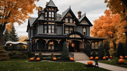  halloween decorated house facade  