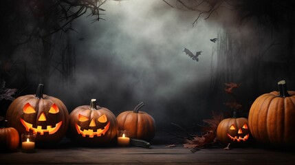 Halloween pumpkin head jack lantern with burning candles, Spooky Forest with a full moon and wooden table, Pumpkins In Graveyard In The Spooky Night 